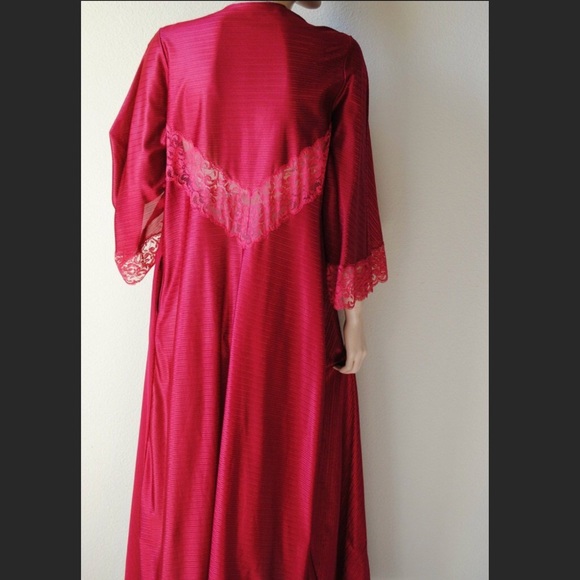 Vintage Other - Vintage Deep Red Silky Lace Insert Long Robe